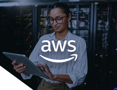 Woman on tablet in server room with AWS Logo
