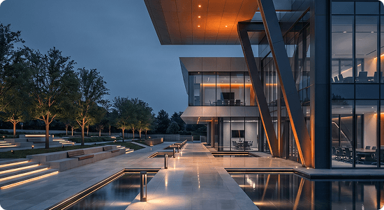 Illuminated modern office building exterior