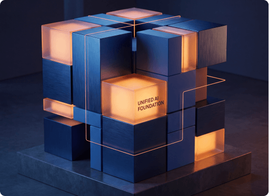 One of the central, glowing translucent blocks features the text "UNIFIED AI FOUNDATION" printed on its front face.